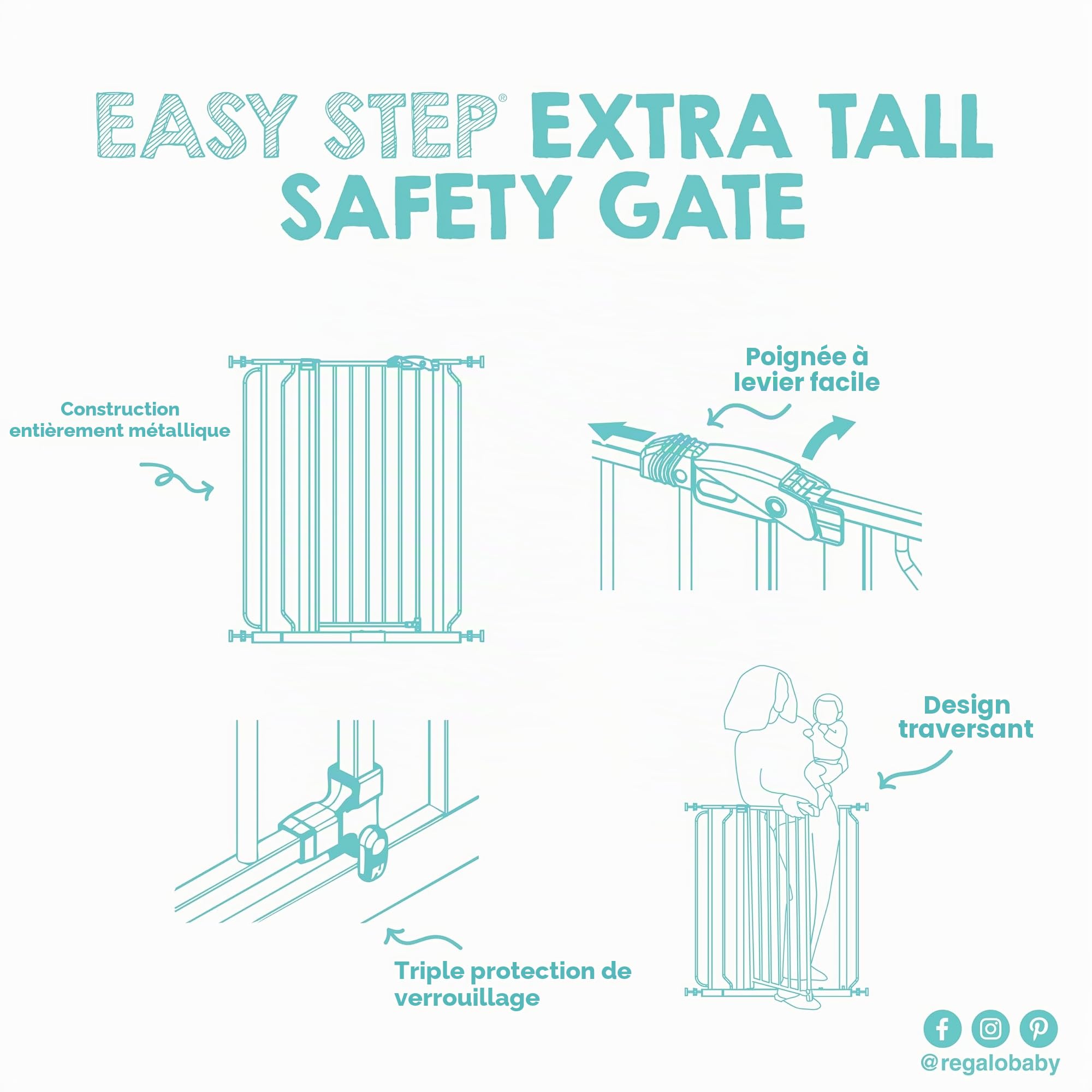 Regalo Safety 91.4cm Extra Tall Baby Gate for Doorways & Bottom of Stairs, Fits Openings 73.6-90cm (Extension Included), Pressure Mounted for Babies, Toddlers & Pets