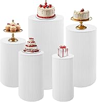 Fivenl 5-Piece Metal Pleated Cylinder Pedestal Stands - Heavy Duty White Cake Flower Display for Weddings Parties Events
