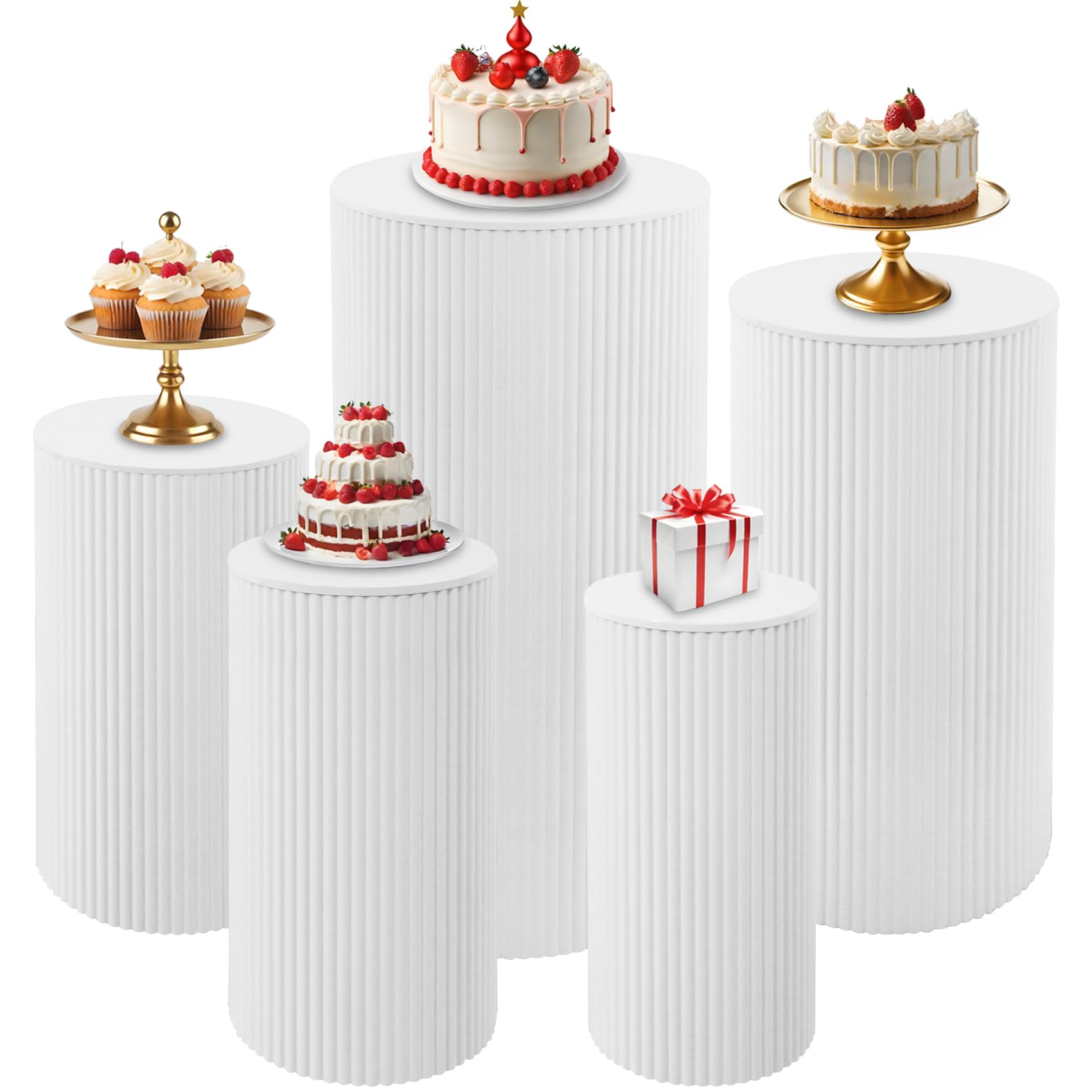View 1 of *** JUST ONE ***Fivenl 5 Pcs Metal Pleated Cylinder Pedestal Stands for Party, Heavy Duty White Round Cake Pedestal Stand Flower Plant Display Plinth Pillars for Wedding Birthday Event Decor