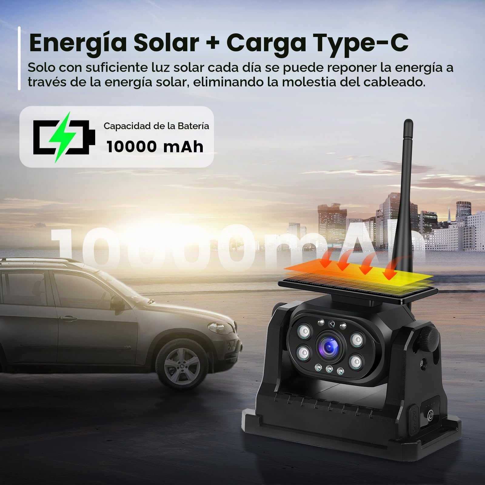 Hodozzy Cámara de Visión Trasera Solar Inalámbrica WiFi Estable, Cámara 1080P Impermeable con Visión Nocturna, Carga Solar, Ayuda de Marcha Atrás, Recargable para Automóvil
