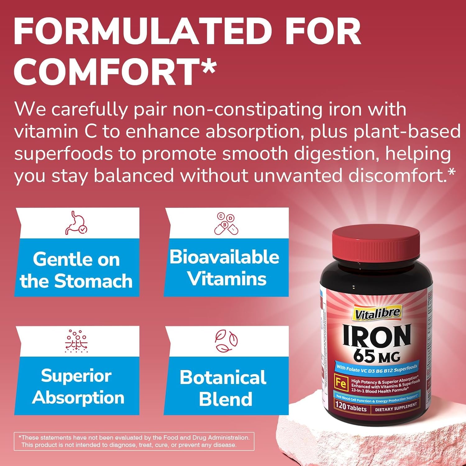 Vitalibre Iron Supplement for Women & Men, 65 mg, Ferrous Sulfate, Vitamin C, D3, B6, B12, Folate, Beet Root, Spinach, Pumpkin Seeds, Nettle, for Red Blood Cell & Energy Production, 120 Tablets