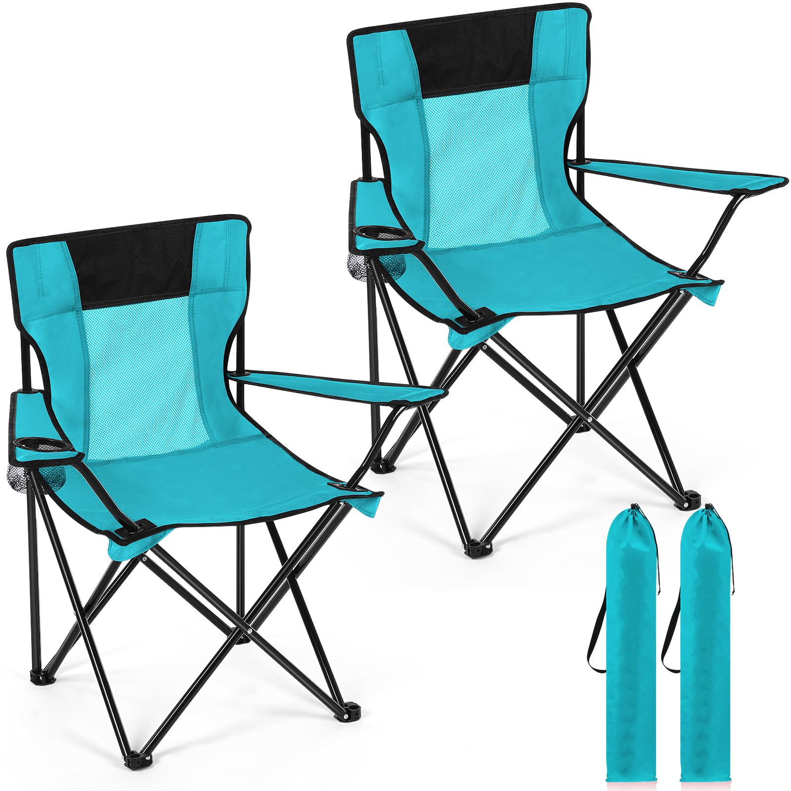 Shellwei 2 PCS Folding Camping Chair with Cupholder and Carry Bag Regular Size Colorful Breathable Portable Lightweight Lawn Chair with Side Pocket