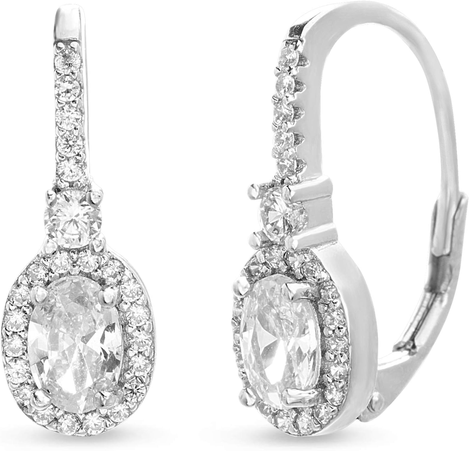 Rhodium Plated 925 Sterling Silver Oval Cut Cubic Zirconia Dangling Earrings for Women