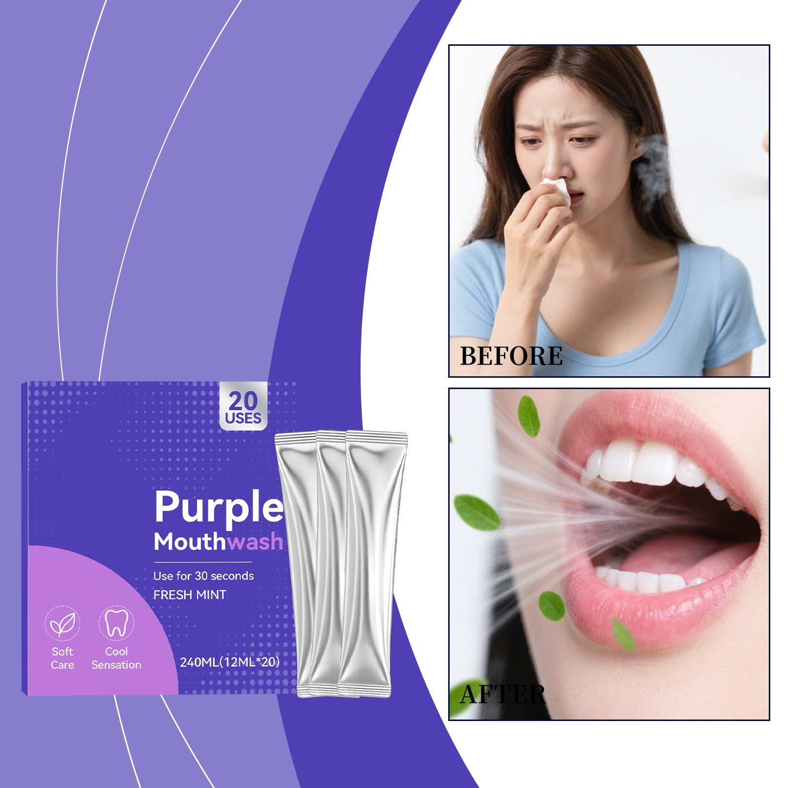 Purple Mouthwash, farbkorrigierende Mundspülung mit frischem Minzgeschmack, einzeln verpackt in Reisegröße für die tägliche Mundpflege, sanfte Reinigung und erfrischender Atem, 3 Set