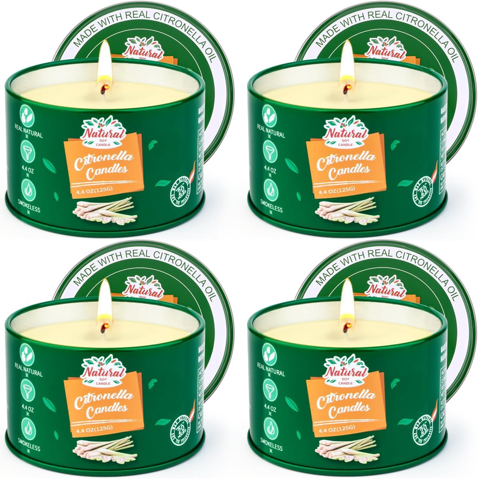 Citronella Candles Outdoor, 4 x 4.4oz Natural Soy Wax Candles for Patio Yard Home, 120 Hours Long Lasting Burning Bulk Summer Outdoor Candles for Garden Yard Balcony Party Camping BBQ