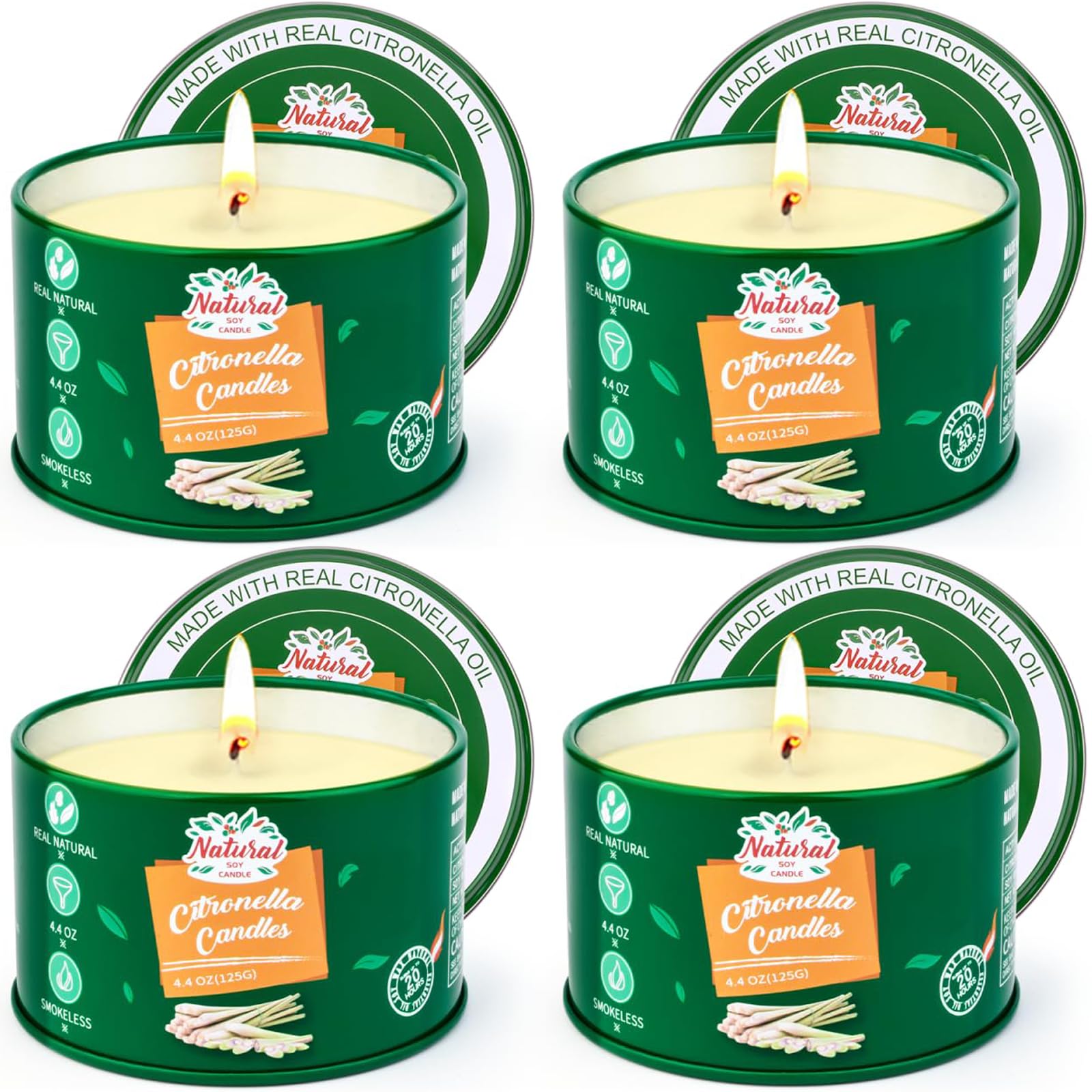 Citronella Candles Outdoor, 4 x 4.4oz Natural Soy Wax Candles for Patio Yard Home, 120 Hours Long Lasting Burning Bulk Summer Outdoor Candles for Garden Yard Balcony Party Camping BBQ