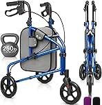 Vive Mobility 3 Wheel Walker - Three Wheeled Rollator for Seniors - Lightweight, Foldable, Narrow, Heavy Duty - for Elderly Men Women - Folding 3-Wheel Tri Scooter with Basket Bag