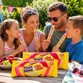 Fruit Salad & Dip Dab Ice Duos Ice Lollies – 8 x 80ml Frozen Ice Pops – Dual Flavour Freezer Pops – Retro Sweet Inspired Summer Treats for Kids & Adults (Pack of 2)