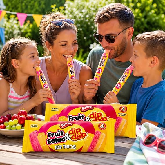 Fruit Salad & Dip Dab Ice Duos Ice Lollies – 8 x 80ml Frozen Ice Pops – Dual Flavour Freezer Pops – Retro Sweet Inspired Summer Treats for Kids & Adults (Pack of 2)