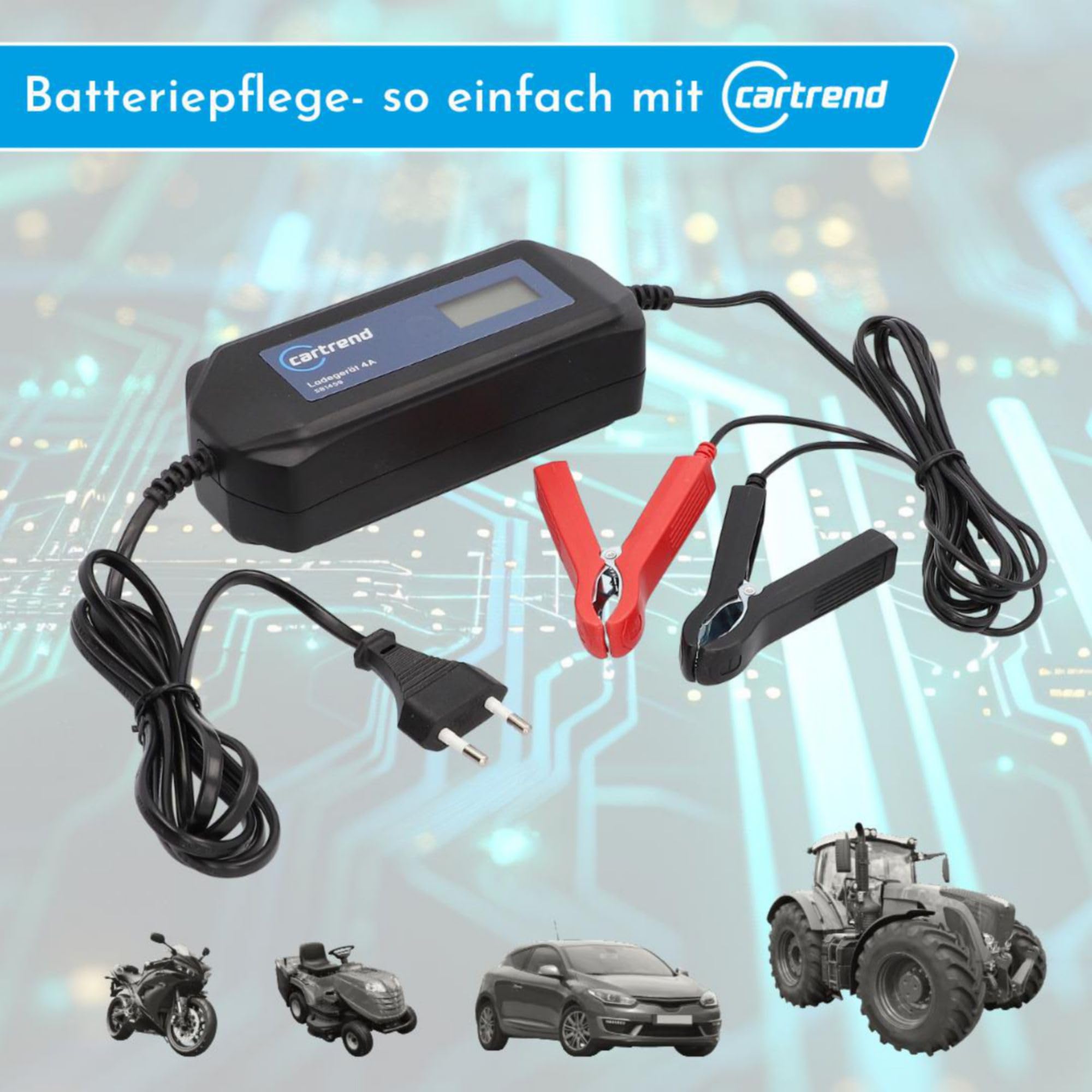 cartrend Mikroprozessor Batterieladegerät DP 4.1, 4A, automatische Diagnose- und Ladefunktion, Autostart nach Netzausfall, LCD-Anzeige, schutzisolierte Polklemmen, für Auto, Motorrad, Boote, Traktoren