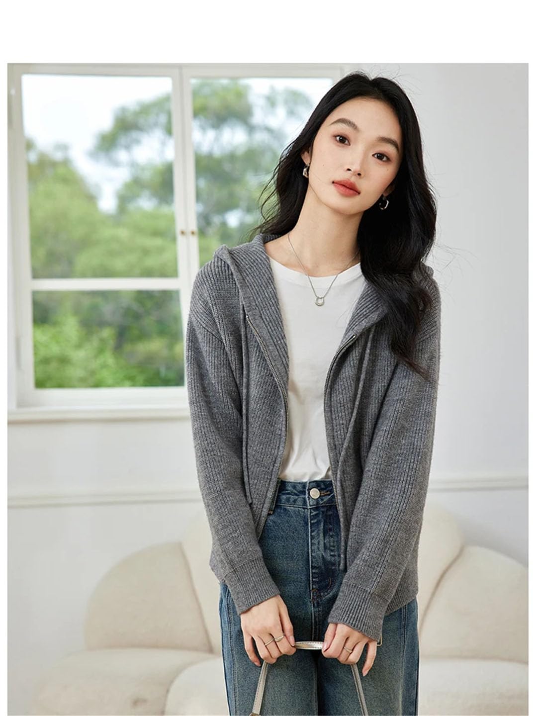 Cárdigan de punto simple con capucha para mujer, chaqueta con cremallera, abrigo sólido para viajeros perezosos