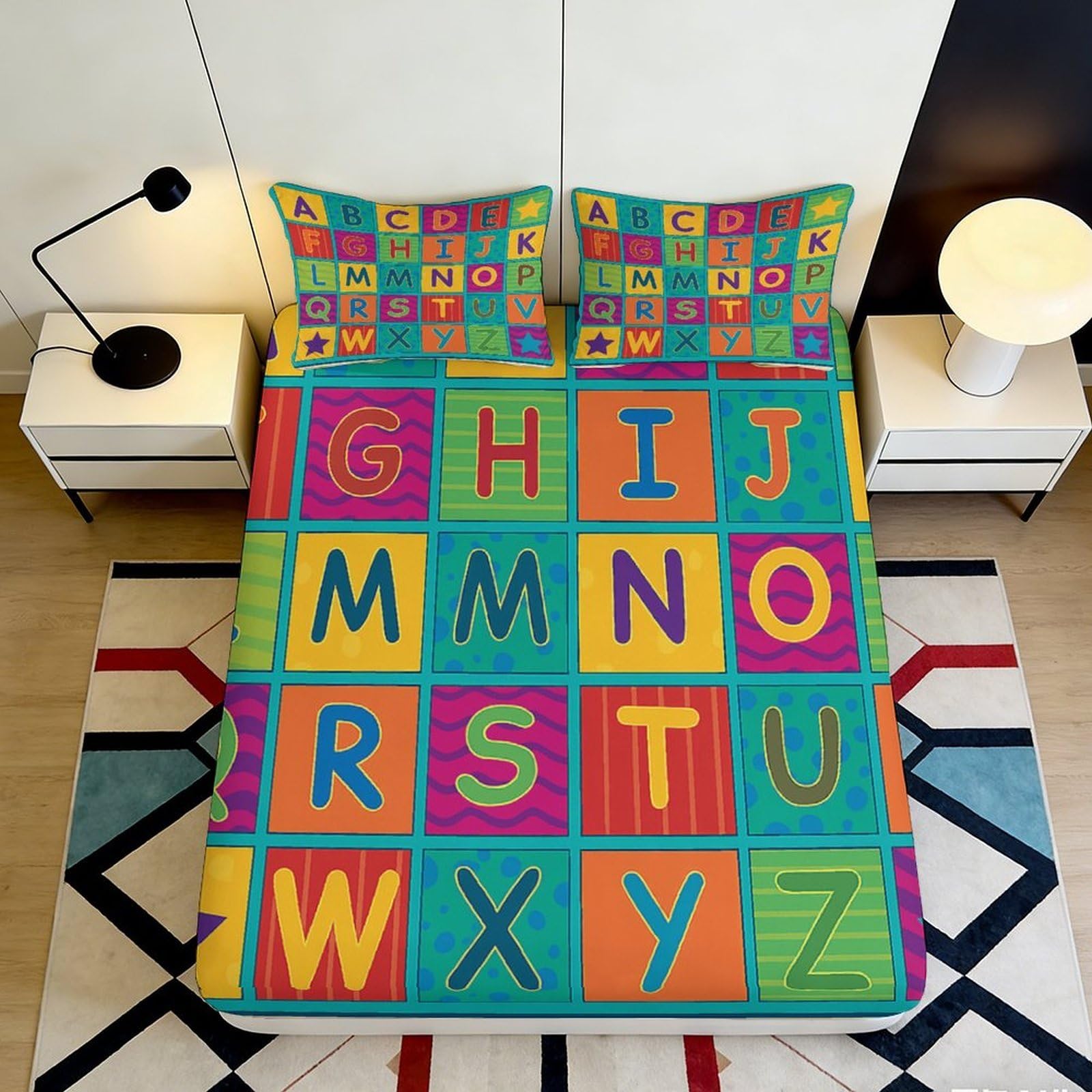3D Printed Alphabet Blocks Fitted Sheet Microfiber Colourful Letters Mattress Cover Non-Slip Machine Washable for Bedroom Dorm 140x200x25cm