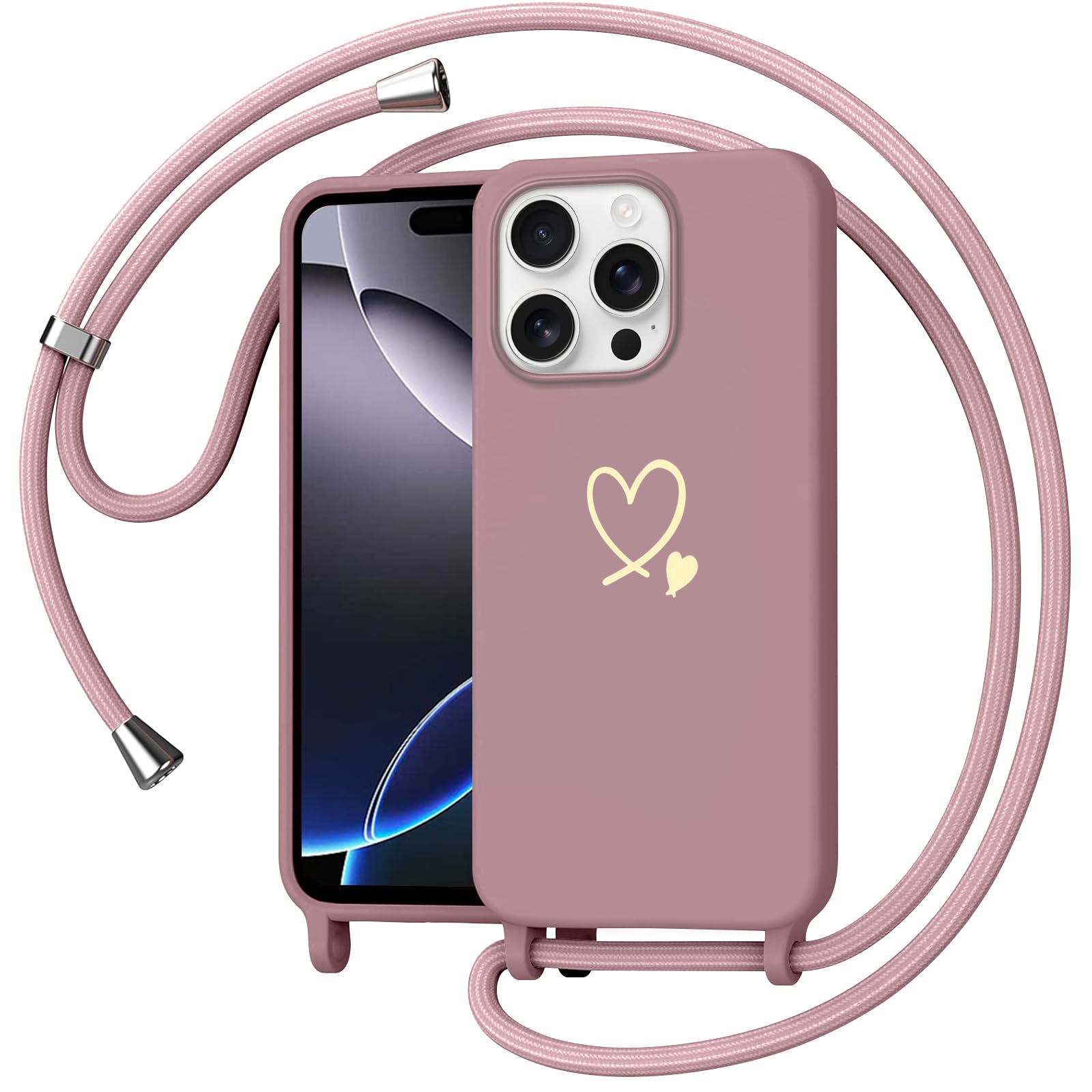 Yichxu Handyband für iPhone 16 Pro Max Hülle mit Band, Herz Design Necklace Handyhülle zum Umhängen Kordel, Stoßfest Schutzhülle mit Kette, Weich TPU Liquid Silikon Case für iPhone 16 Pro Max, Rosa