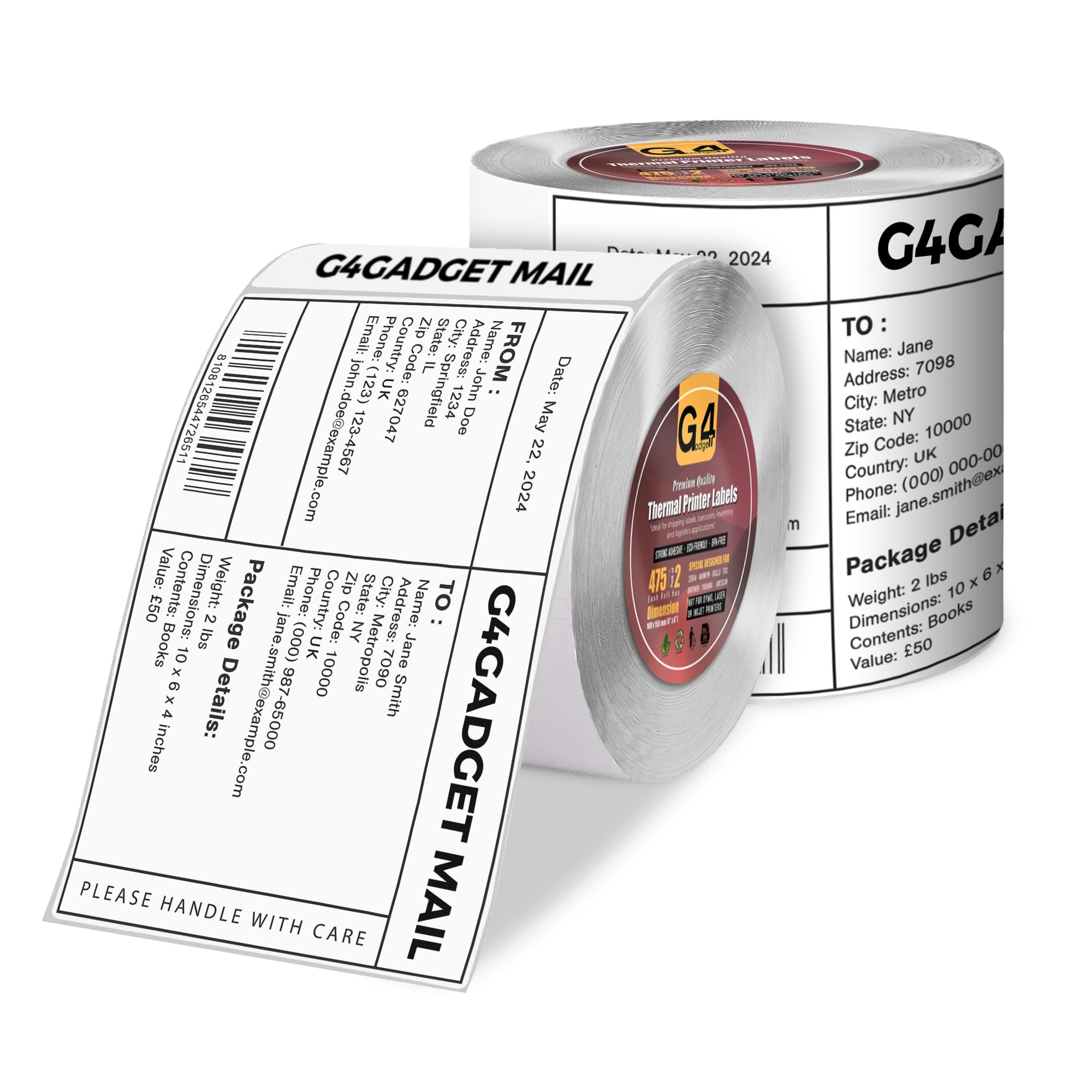 G4GADGET Thermal Labels 100 x 150 mm (4" x 6") [2 Rolls - 475 Labels Each] | Premium Direct Thermal Printer Labels | Compatible with Zebra, MUNBYN, Rollo | Shipping, Courier & Barcode Labels