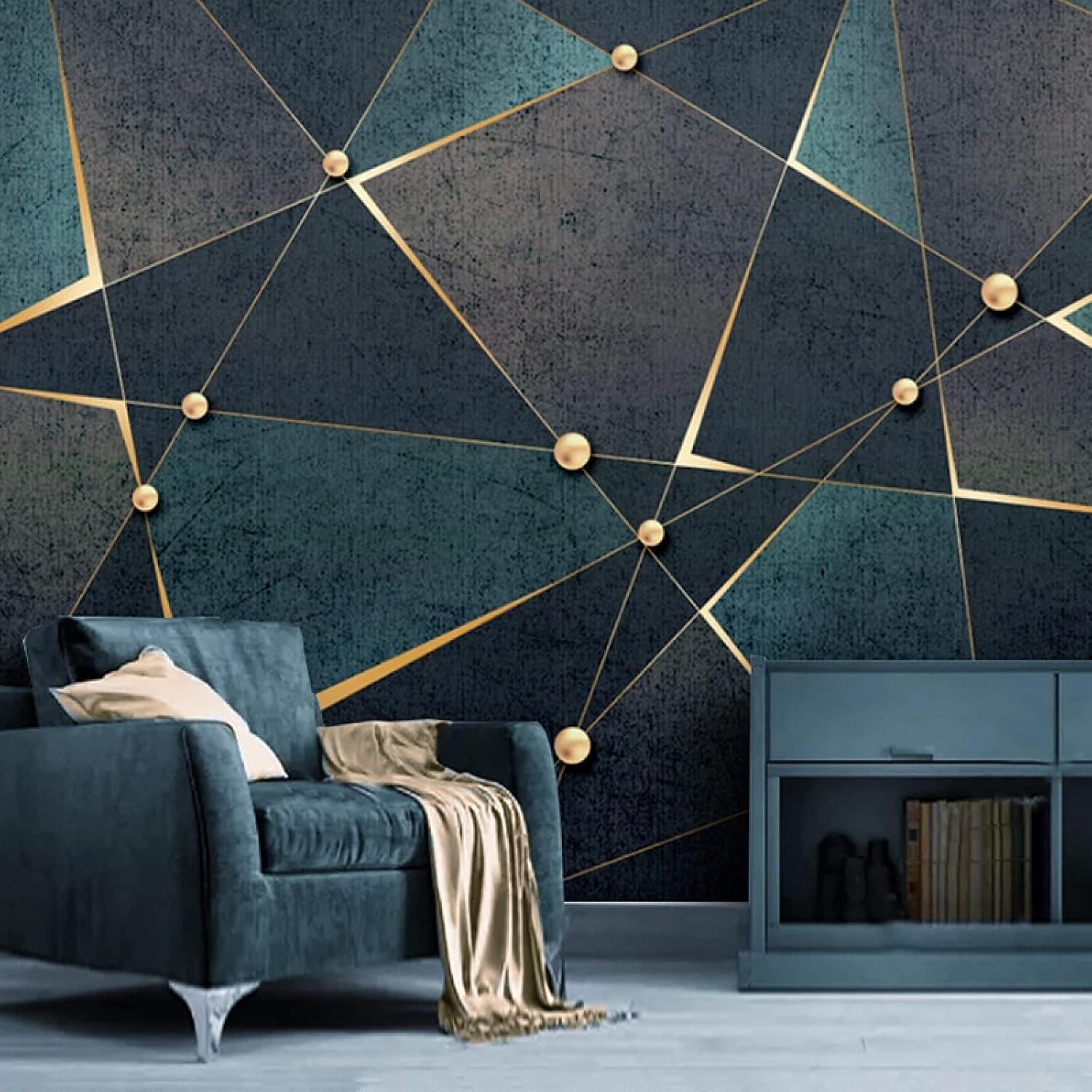 Gilt Lines Wall Mural Decal, Black Geometry Peel and Stick Self-Adhesive Wallpaper Removable Wall Decor for Living Room Bedroom TV and Sofa Background,59""W x39.4""H