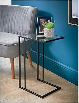C-Shaped Side Table with Black Metal Frame - Tempered Glass Top Snack & Laptop Stand for Living Room, Bedroom, or Office