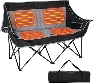 Begonia.K Heated Double Camping Chair for 2 Person - Oversized Padded Folding Loveseat with 3 Heat Levels - Portable Camping Couch Heavy Duty Lawn Chairs for Outdoor Beach - Support 500LBS