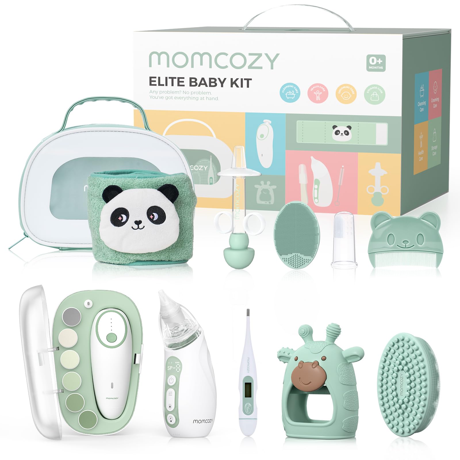 MomcozyElite Baby Kit, Superior Baby Shower & Registry Essential Kit for Grooming & Health & Cleansing Care, Electric Nail File & Nasal Aspirator,Tummy Wrap,Thermometer,Bath Brush,Teether,Storage Bag
