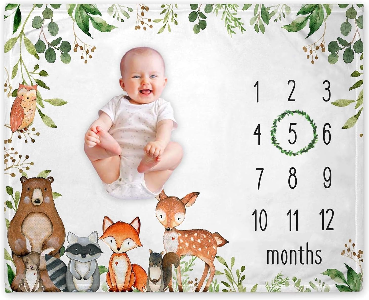 Yuzioey Woodland Baby Monthly Milestone Blanket, Forest Animals Baby Growth Chart Monthly Blanket, Watch Me Grow Woodland Forest Nursery for New Moms Shower, Includes Marker (50"x40")