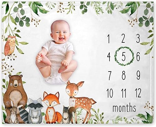 Yuzioey Woodland Baby - Manta mensual de hitos de animales del bosque, manta mensual de crecimiento del bebé, Watch Me Grow Woodland Forest Nursery