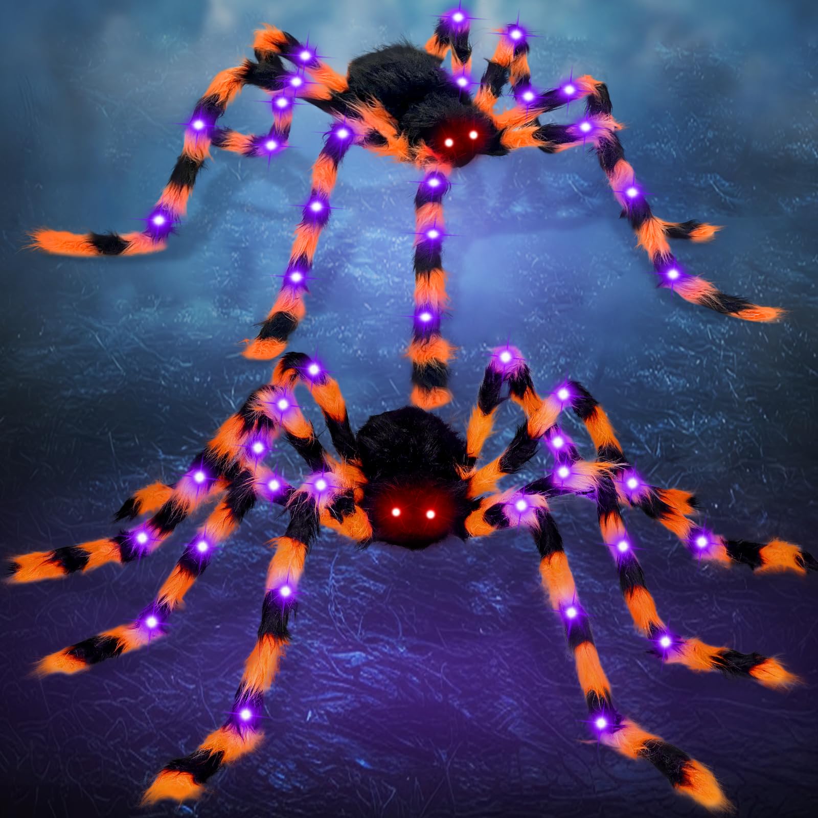 Confezione da 2 ragni giganti di Halloween da 127 cm, ogni ragno arancione e nero con 26 luci LED viola, ragno finto spaventoso che si illuminano per esterni, cortile, portico, giardino, prati