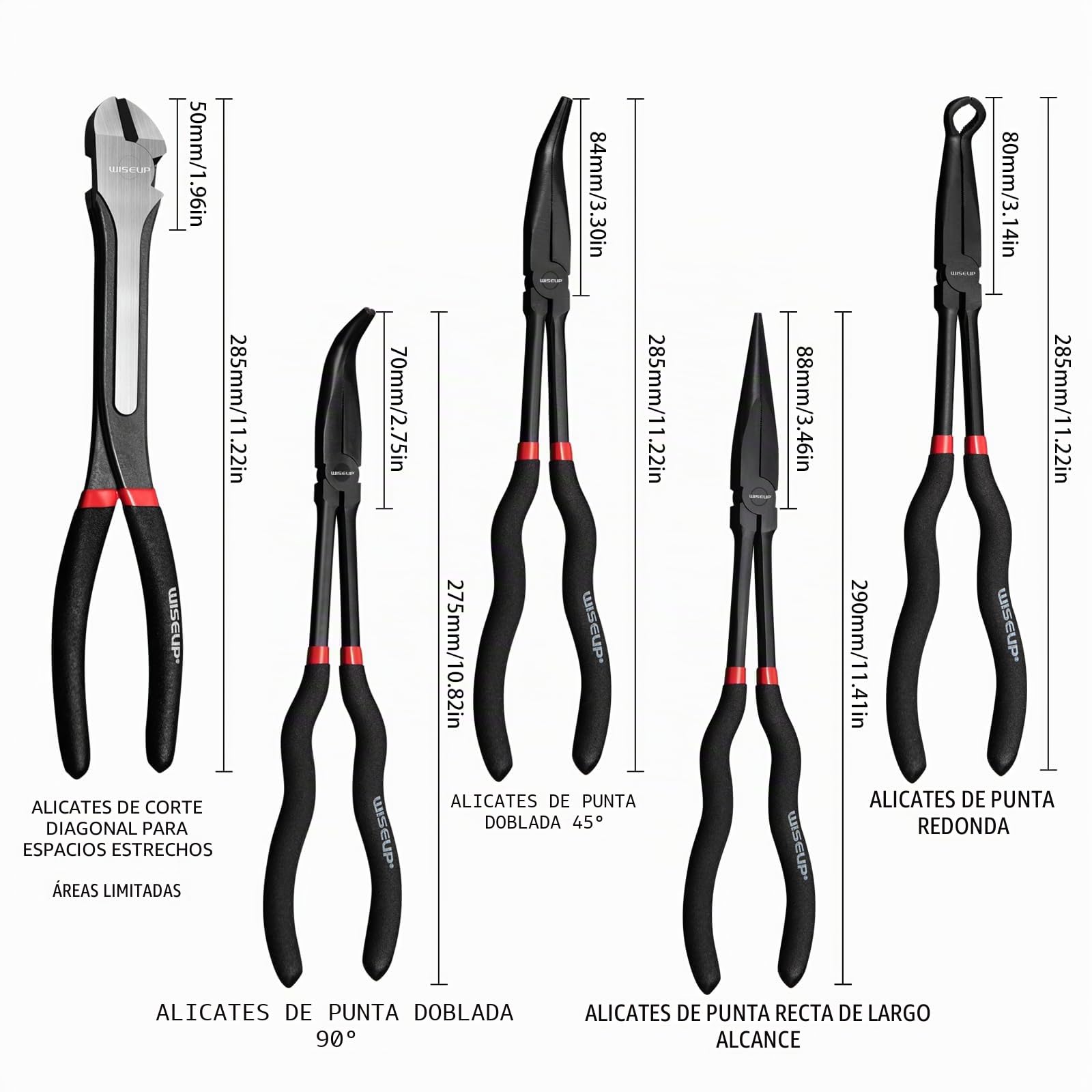 WISEUP 5Pcs Juego de Alicates de Punta Larga, Acero al Carbono Premium, Alicates Rectos 11" Alcance Largo y Diagonal para Espacios Estrechos