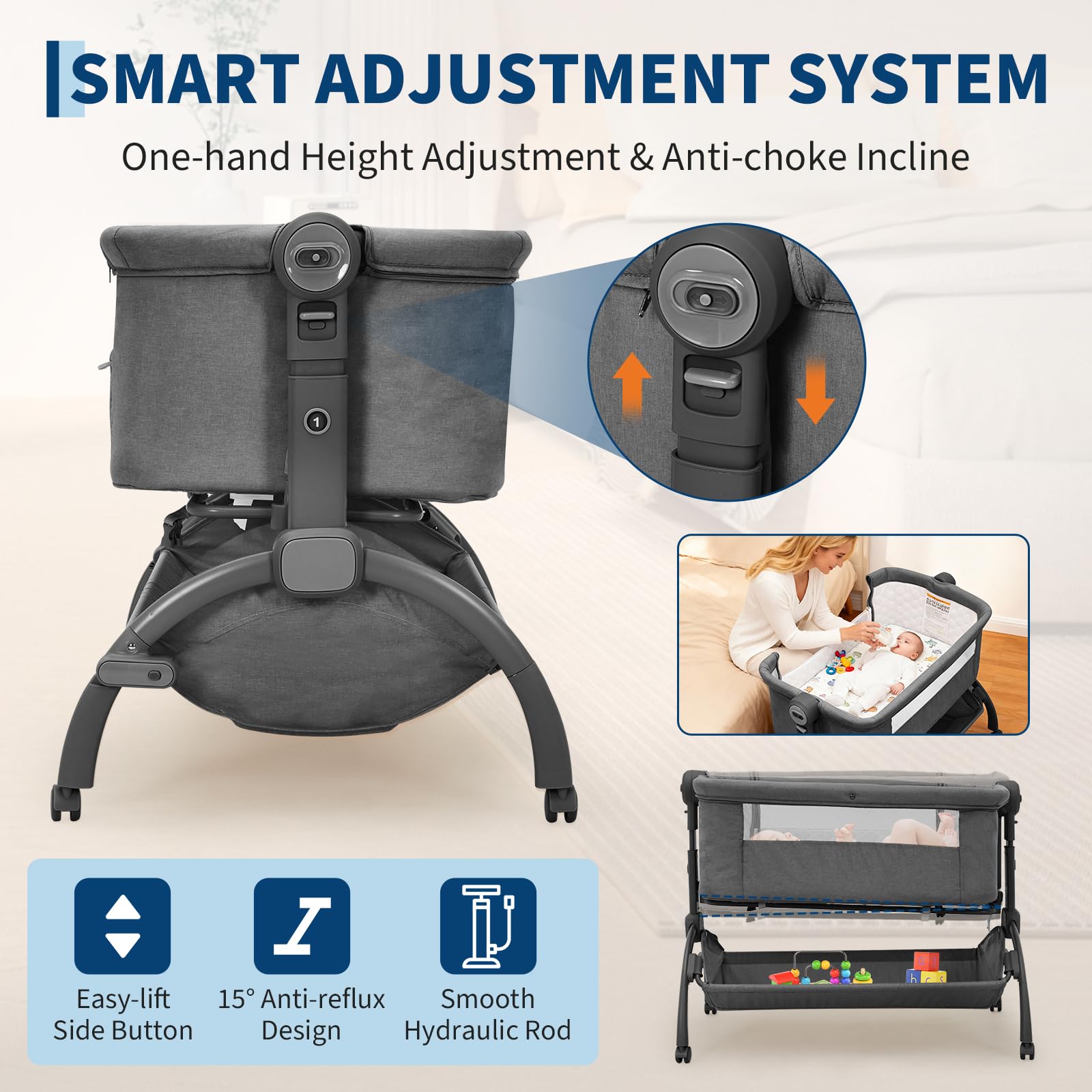 GarveeTech Beistellbett Baby höhenverstellbar mit Matratze, Mesh-Seiten, Wiegefunktion, Rollen mit Bremse, Moskitonetz, Ablagekorb und Tragetasche, für Neugeborene 0–6 Monate