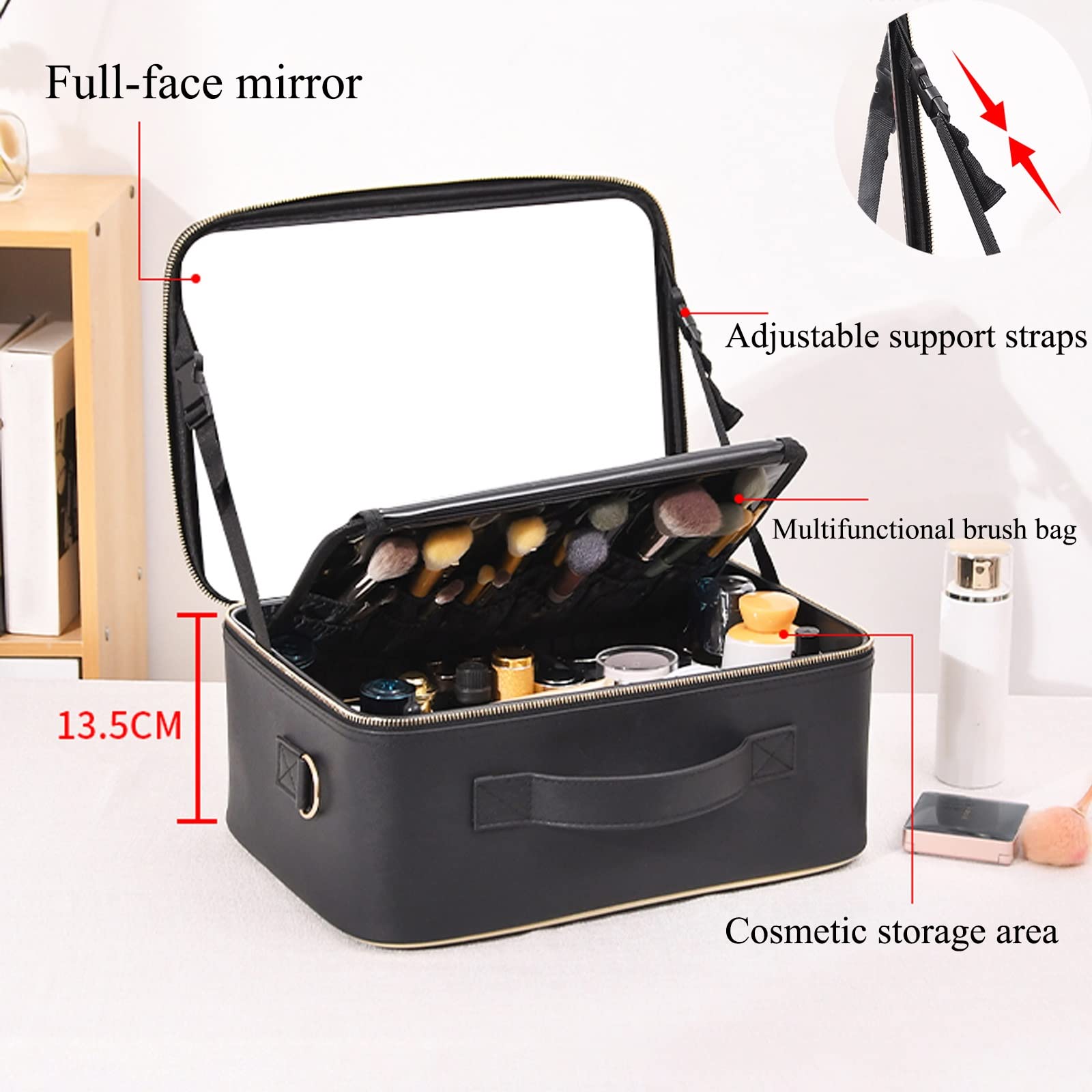 Maletín de cosméticos para equipaje, neceser de maquillaje, portátil, de viaje, con correa para el hombro y compartimento divisor, separadores ajustables, bolsa de cosméticos con espejo, funda de piel