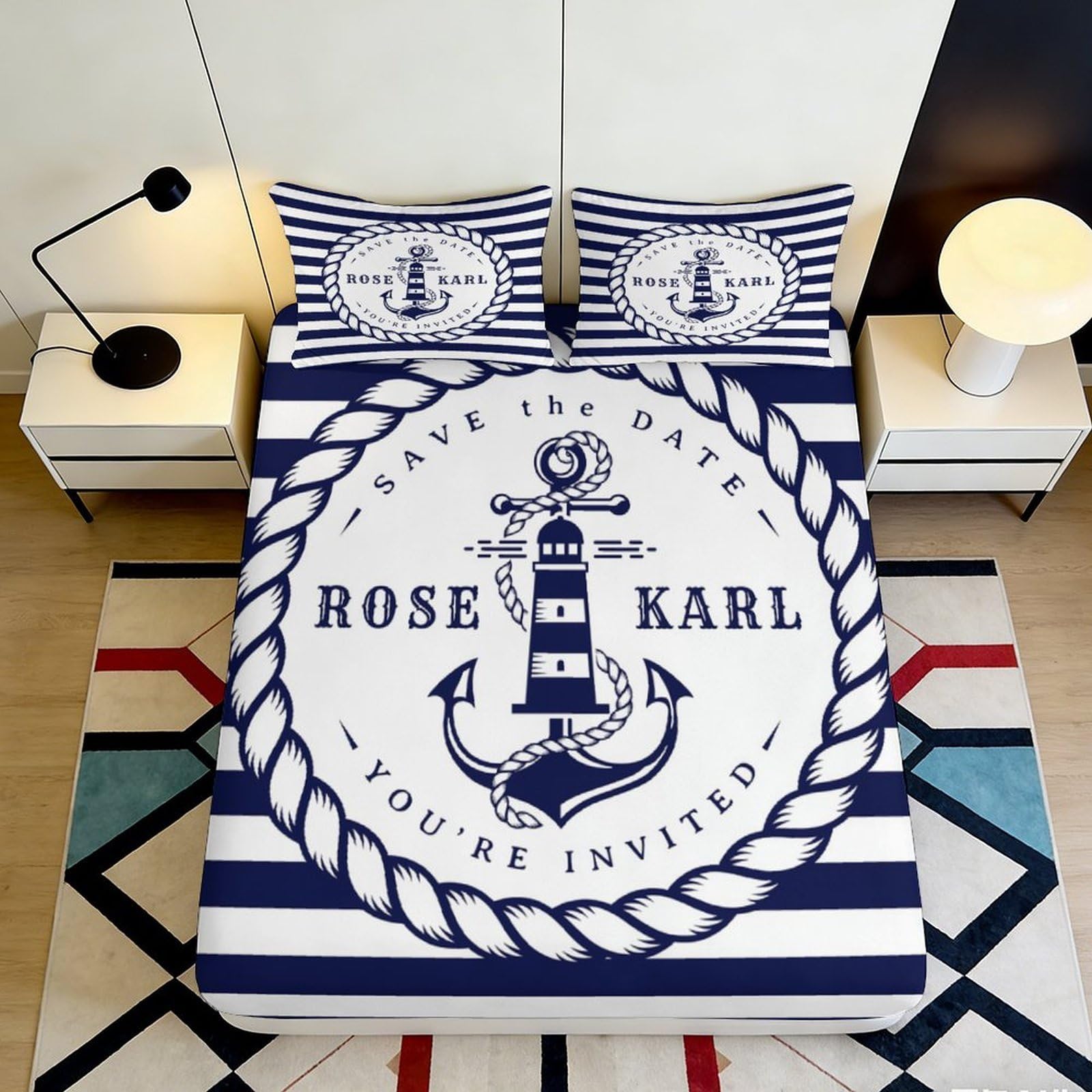 3D Printed Nautical Lighthouse Fitted Sheet Microfiber Soft Navy Anchor Stripe Mattress Cover for Bedroom Dorm Guest Room Decor 120x200x25cm