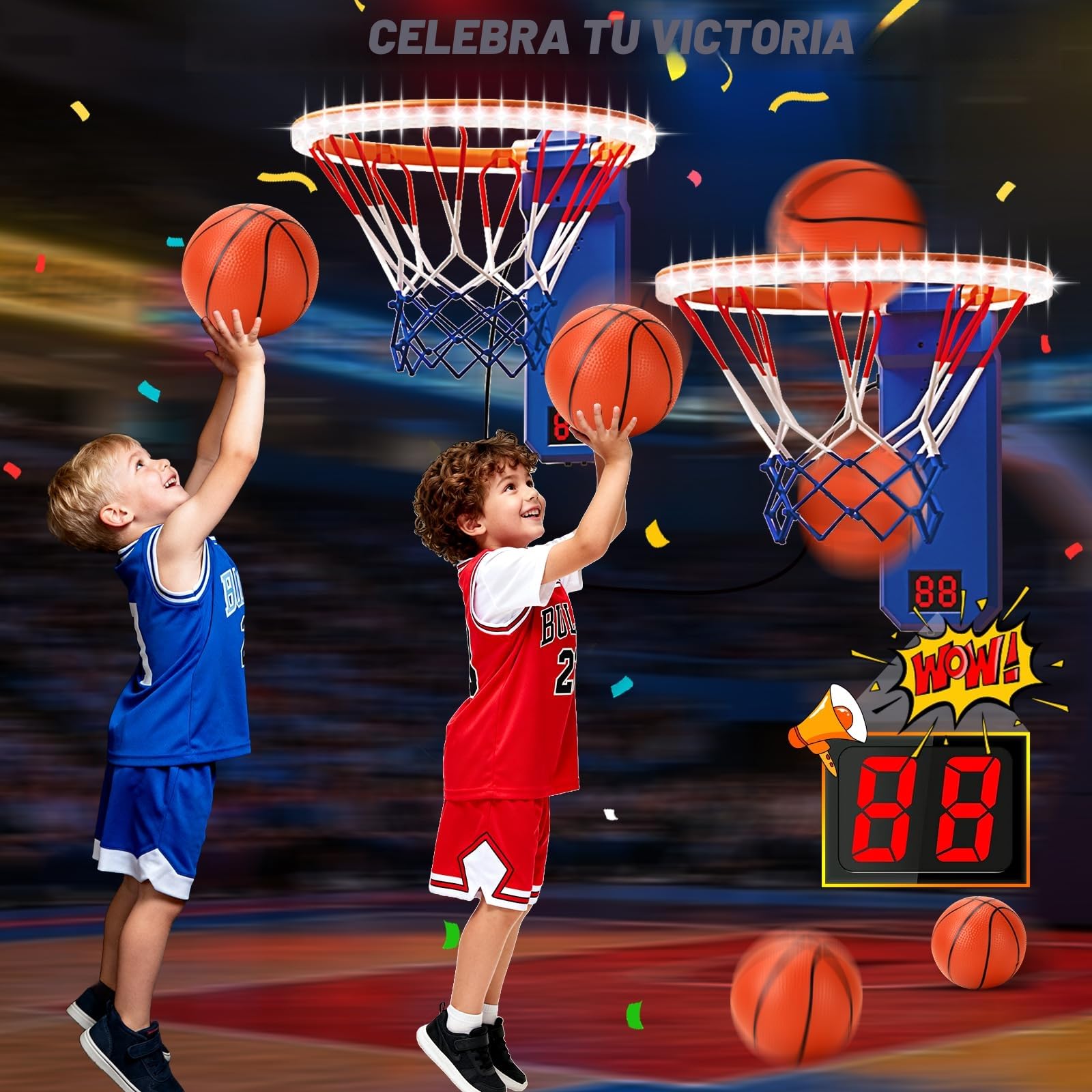 TERRAMUS Mini canasta de baloncesto, 2 canastas de baloncesto con marcador electrónico, aro interior de altura ajustable para niños, 4 pelotas, 1 bomba de aire, regalo para Navidad o cumpleaños