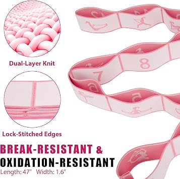 KUZARO Fitness Resistance Bands with 12 Loops, Numbered Resistance Bands for Physical Therapy, Women Stretch Strap for Home Gym, Elastic Exercise Bands for Yoga, Pilates, Leg Stretching, Dance