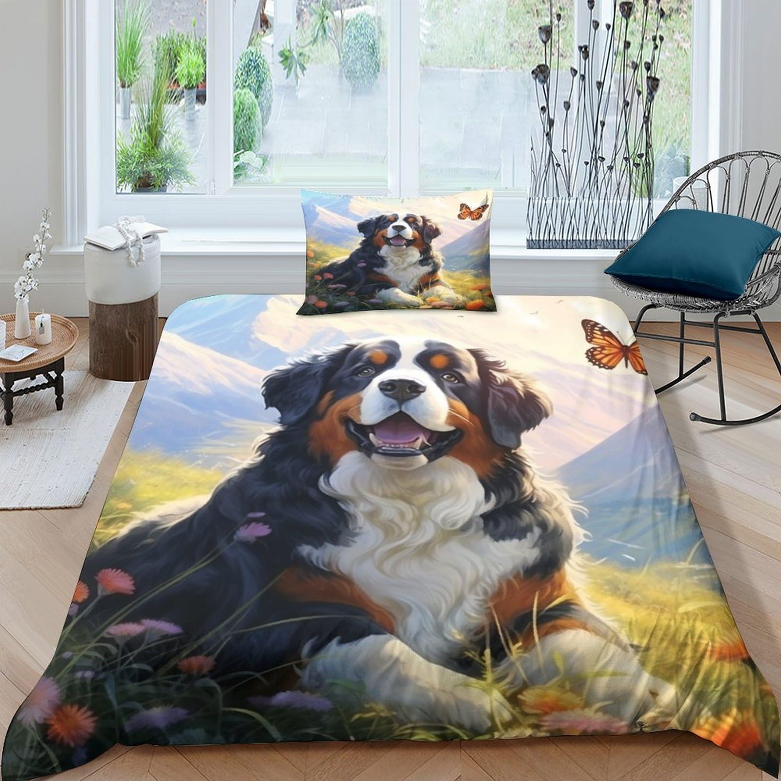 Housse de couette Mastiff Tibétain 3D 135x200 microfibre pour lit simple avec taies d'oreiller