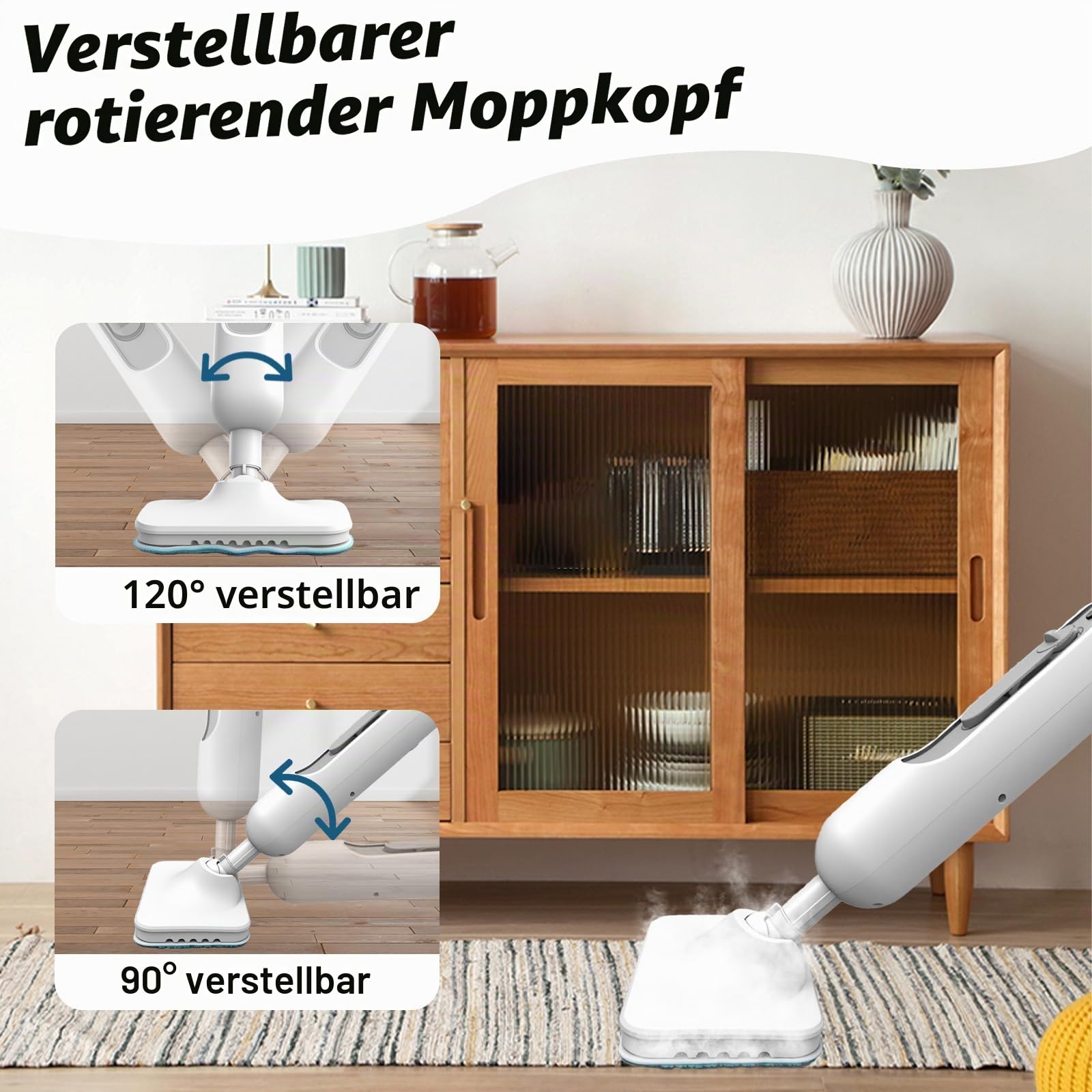 Rotierender Dampfreiniger Mop– Leistungsstarker Elektrischer Dampfbesen Reiniger mit verstellbarem Dampf, langem Kabel & großem Wassertank für alle Bodenbeläge