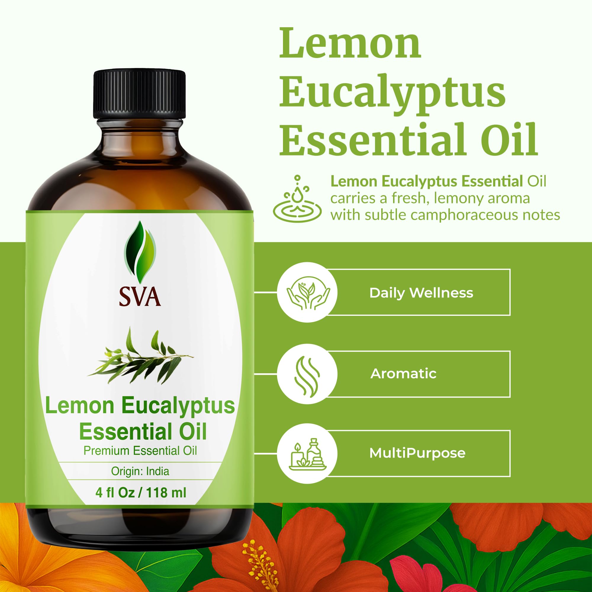 SVA ORGANICS Aceite esencial de eucalipto limón, 100% puro grado terapéutico Eucalyptus Citriodora, perfecto para piel radiante, jabones, velas, aromaterapia, difusor 4 Fl Oz (Paquete de 1)