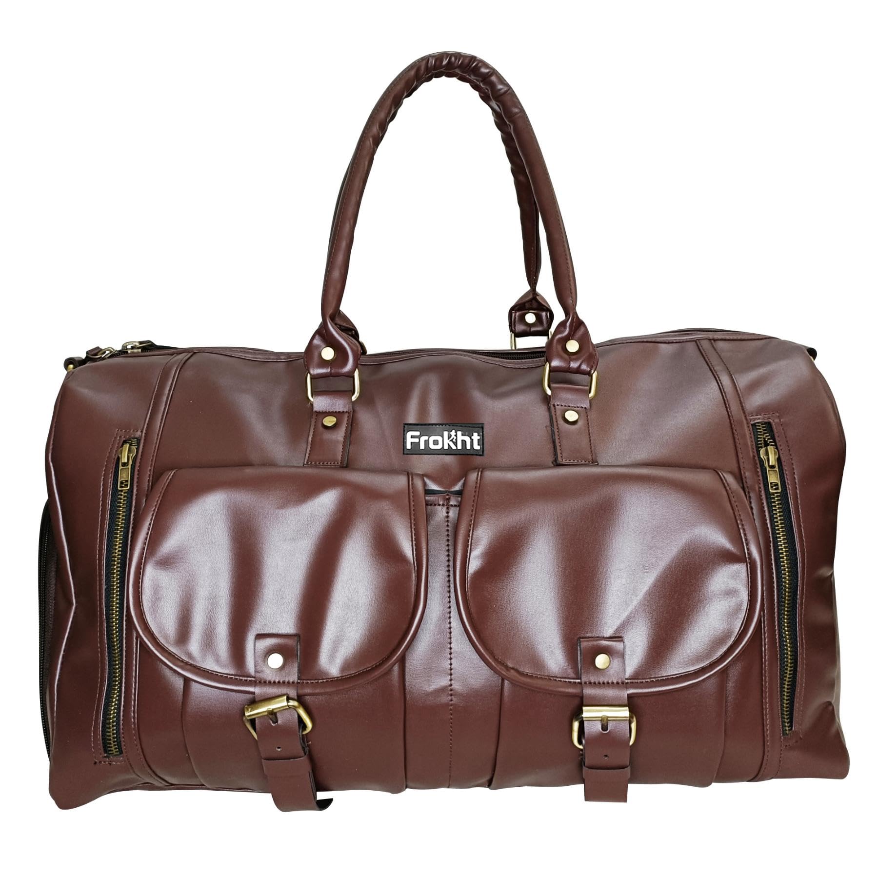 Weekender Premium Duffle Bag with Shoe Pocket for Travel for Men and Women Made of Faux Leather with Shoulder Strap Cabin Holiday Bag Brown-image-16
