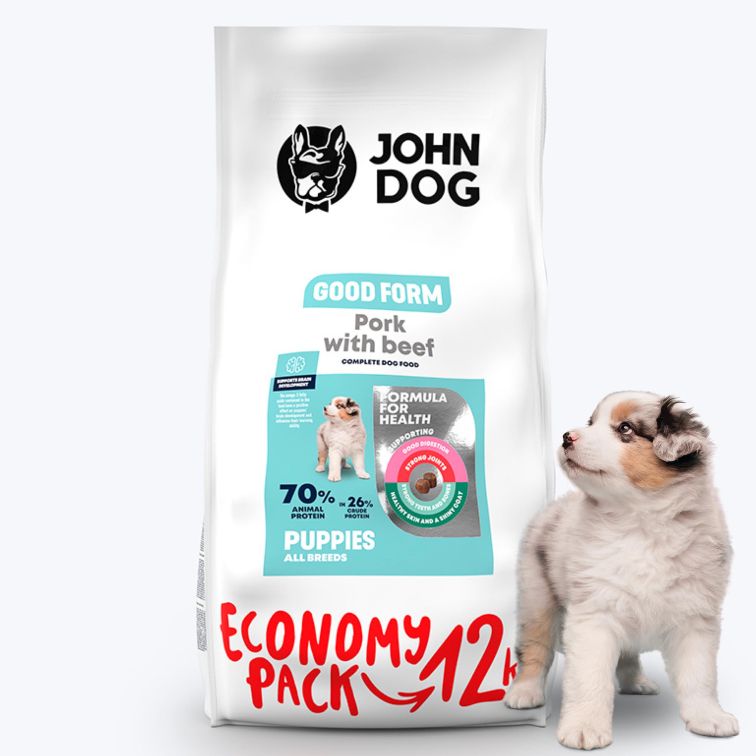 JOHN DOG Hundefutter für Welpen Aller Rassen - Good Form Schwein mit Rind -Trockenfutter für Hunde - Getreidefreies Welpenfutter 12kg