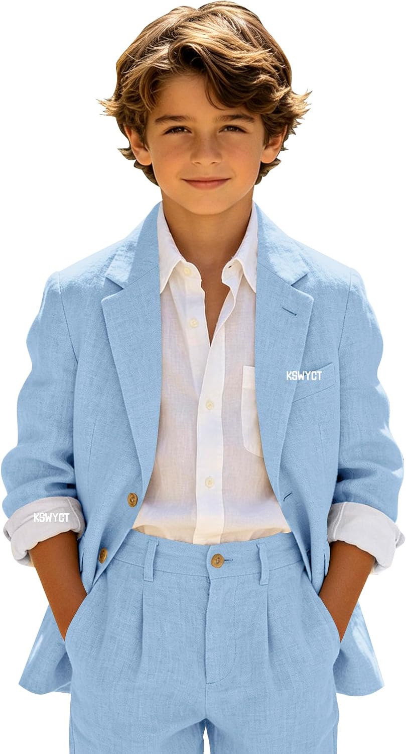 Boys Linen Suit 2 Piece Slim Fit Casual Wedding Beach Summer Blazer Pants Set Kids Formal Outfit for Ring Bearer Graduation