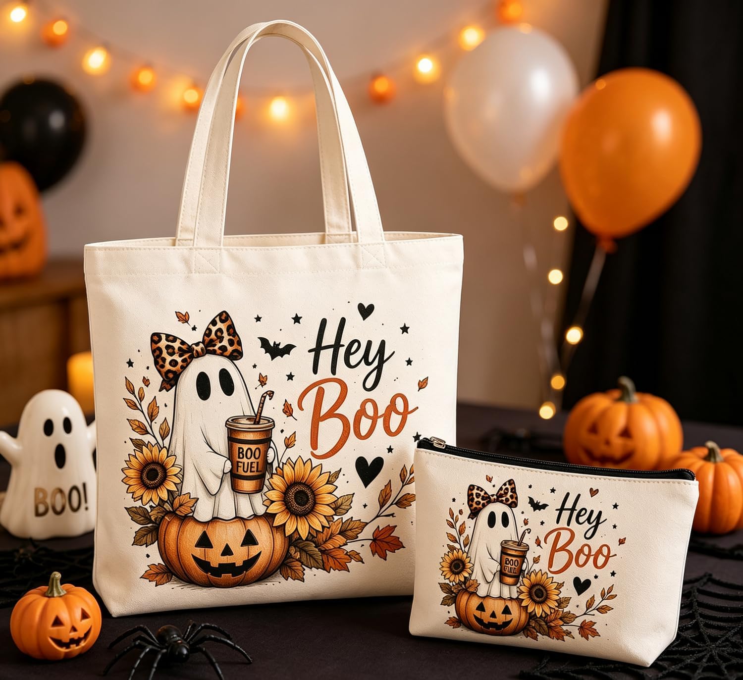 GRITOSE 2pcs Small Big Halloween Bag with Ghost Bow Pumpkin designs Make up Bag Fall Toiletry Bags Autumn Accessories Women Work Handbags Cosmetic Travel Pouch for Halloween Party Gift image 3