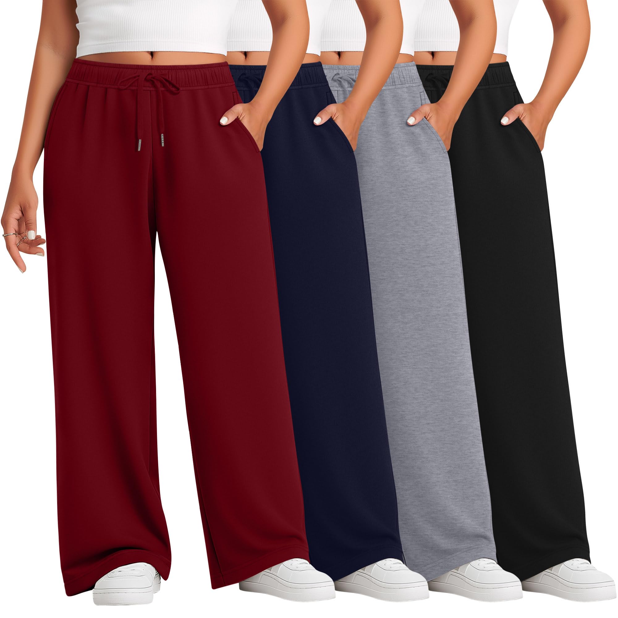 4 Pack Womens Plus Size Pants Lounge Wide Leg Yoga Pants High Waist Drawstring Sweatpants with Pockets