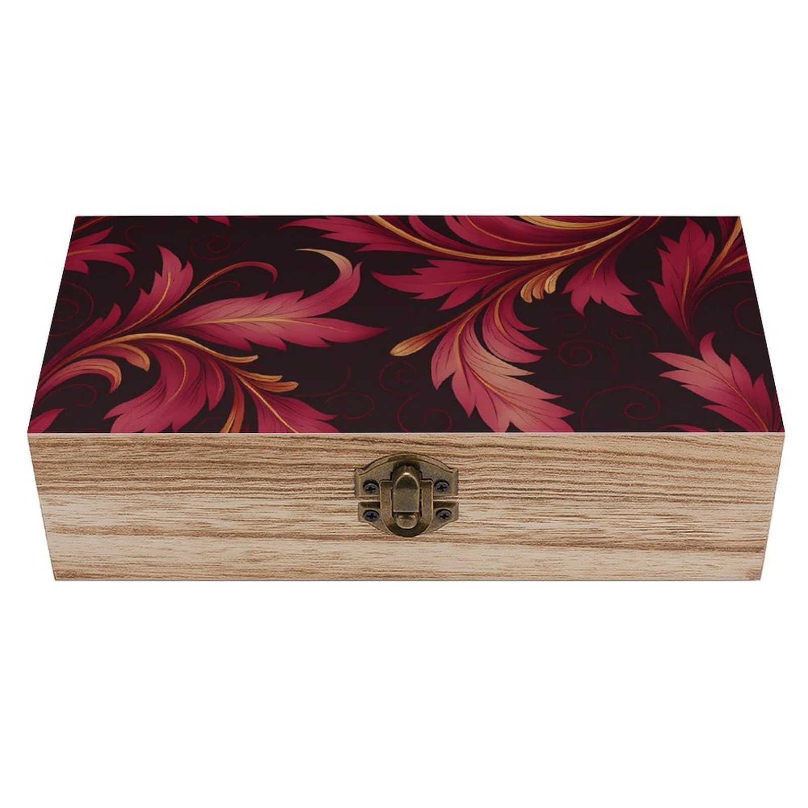 HLBSDM Abstract Wine Red Gold Feather Leaves Retro Wooden Storage Box Jewelry Art Gift Boxs Decorative Keepsake Boxes