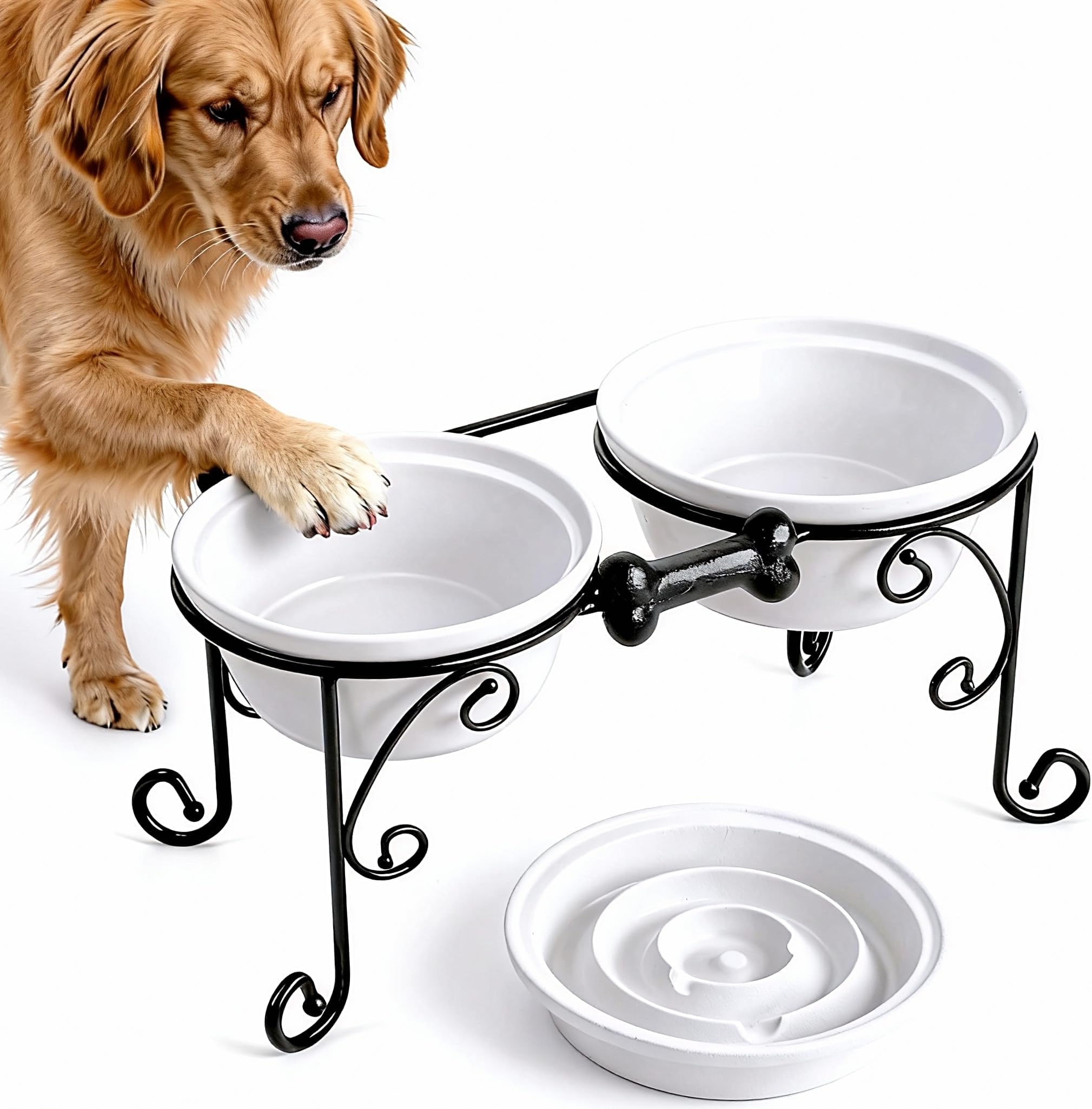 Elevated Dog Bowl Stand with 3 Large Ceramic Bowls – Raised Feeding Station for Medium & Large Dogs, Includes 2 Standard Bowls + 1 Slow Feeder, Durable Iron Frame, Non-Slip (White)