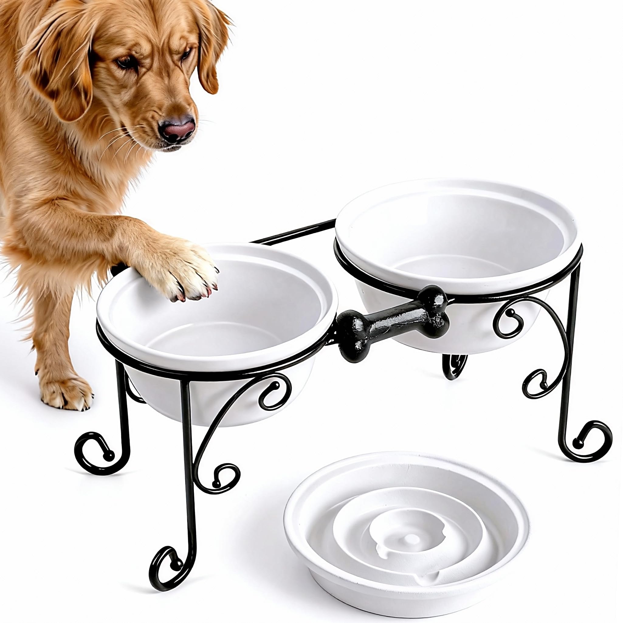 BestVida Elevated Dog Bowl Stand with 3 Large Ceramic Bowls – Raised Feeding Station for Medium & Large Dogs, Includes 2 Standard Bowls + 1 Slow