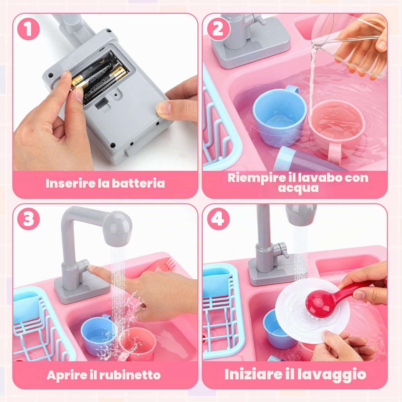 deAO Lavello da Cucina Gioco di Ruoli con Simulatore di Acqua Elettrico e Accessori (Rosa)