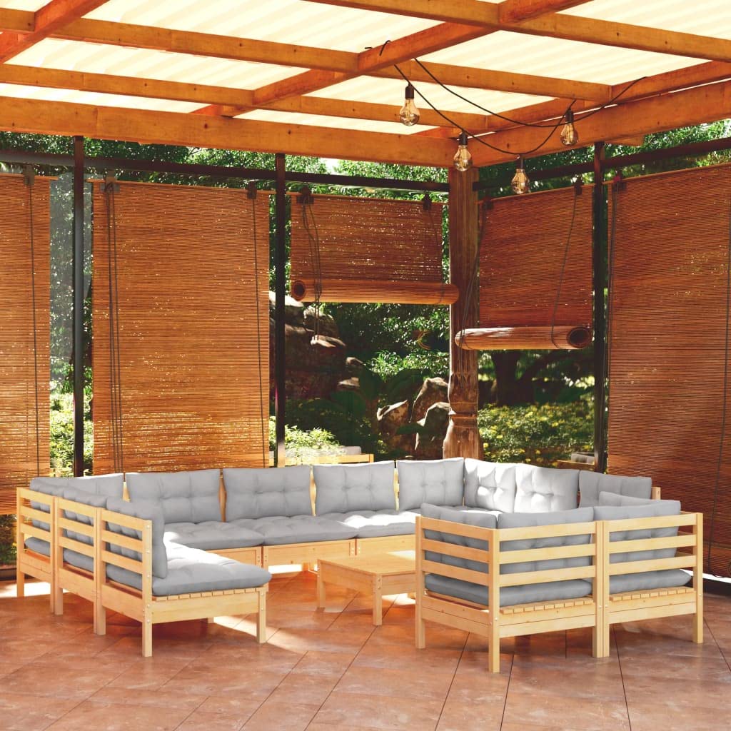 Juego de muebles de jardín de madera maciza de pino de 12 piezas con cojines grises, juego de muebles de patio modulares con un peso de hasta 110 kg por asiento