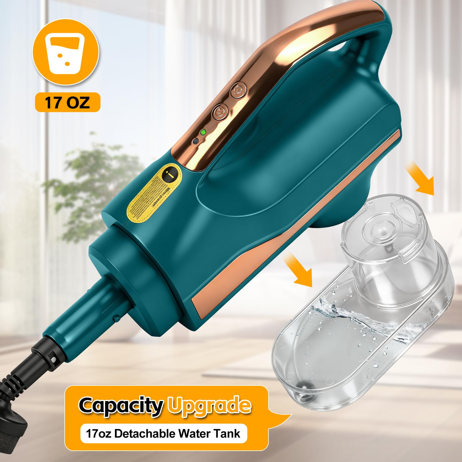 Wielofunkcyjny odkurzacz parowy i mop – 99,9% dezynfekcja, 3 poziomy pary, zbiornik na wodę 300 ml, do twardych podłóg i dywanów, 1500 W (zielony)