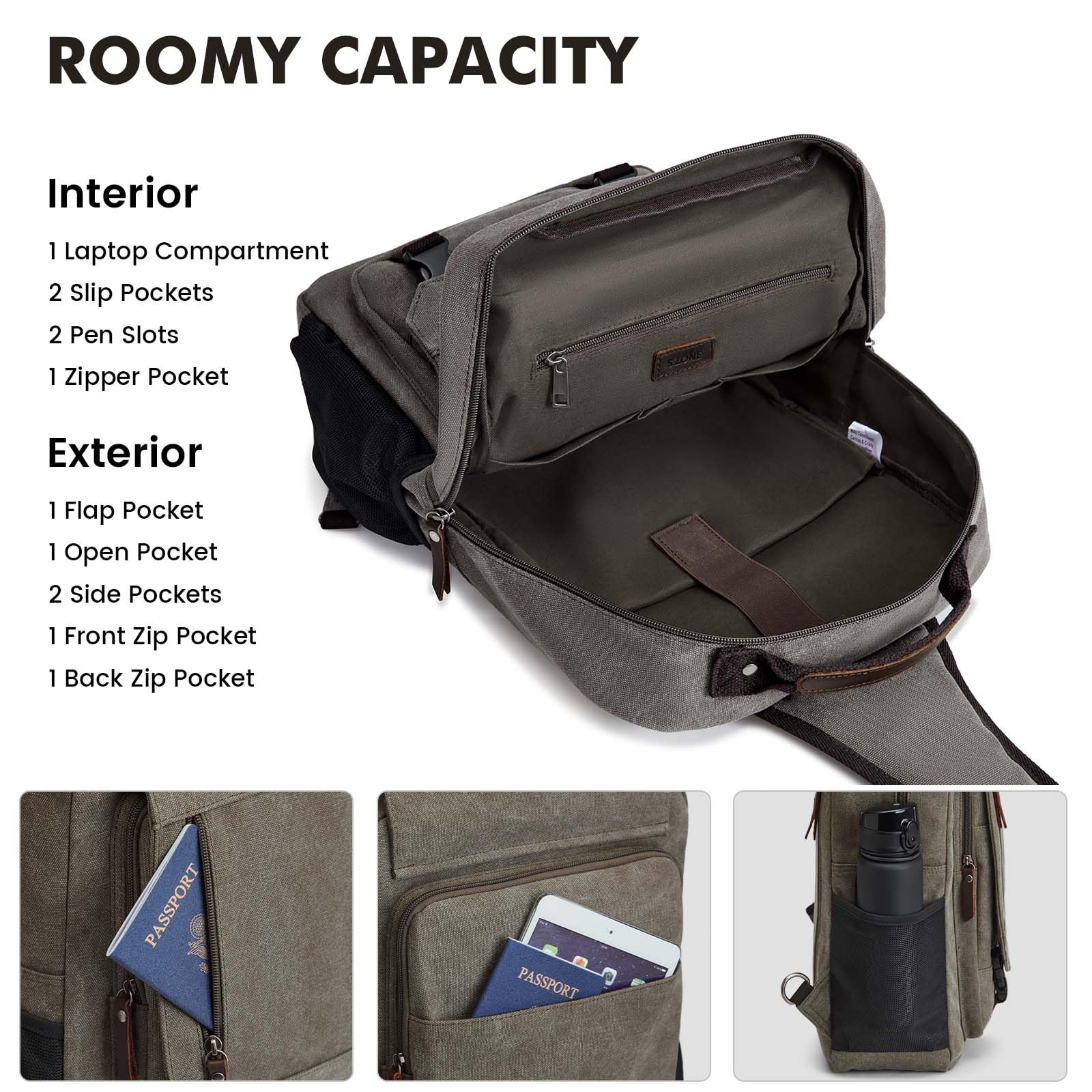 S-ZONE Zaino da Uomo in Tela Impermeabile da 13-16 Pollici per Laptop Borsa a Tracolla Casual