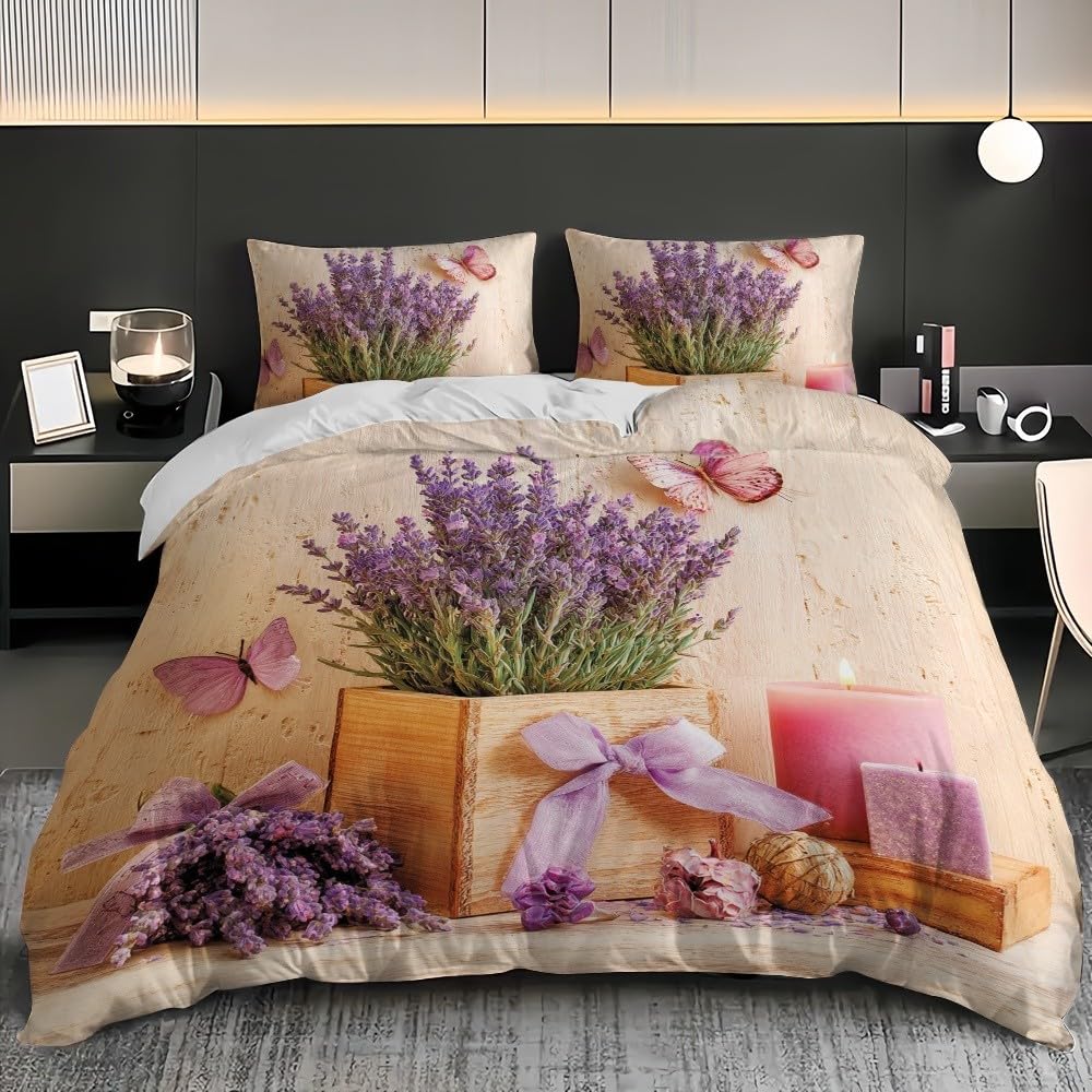 Romantyczna lawendowa pościel dekoracyjna 180 x 200 cm, 3-częściowy komplet pościeli – z 2 poszewkami na poduszkę 80 x 80 cm, beżowa, z mikrofibry, z zamkiem błyskawicznym, nie wymaga prasowania i