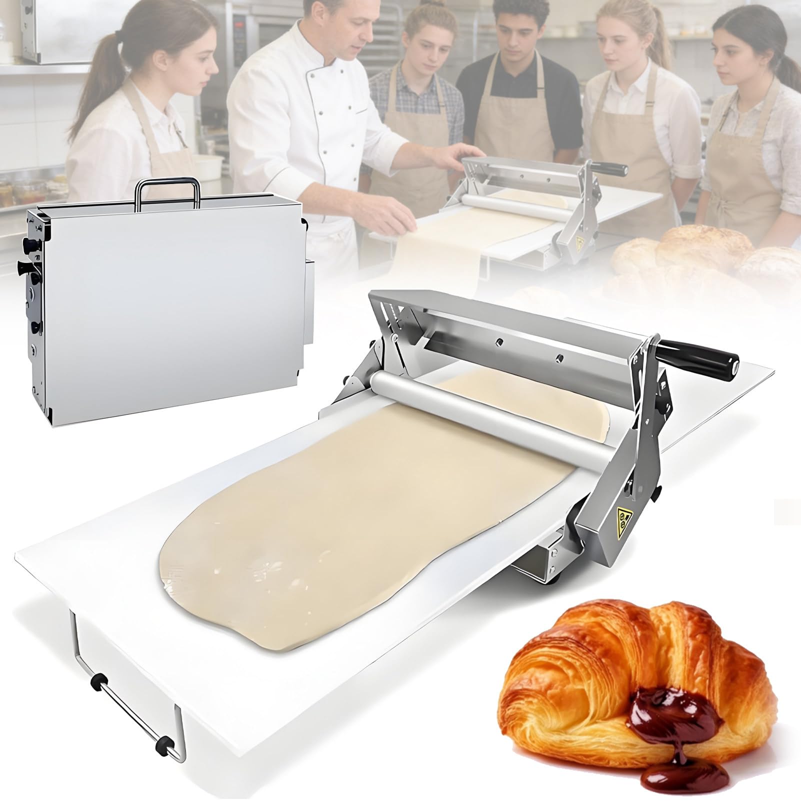 Sfogliatrice pieghevole per impasto, in acciaio inox, spessore regolabile, per panetteria, pizza, cornetti