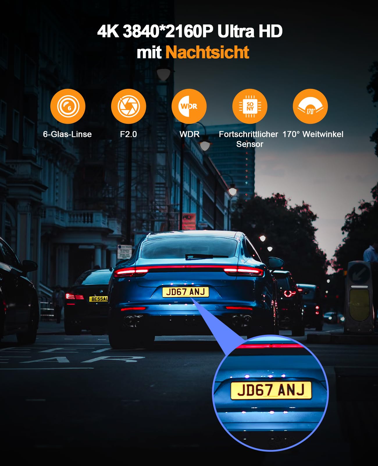 LAMTTO Dashcam anteriore per auto, 4K, con scheda WiFi SD, WDR, visione notturna, sensore G | Mini dash cam 4K UHD con registrazione in loop, grandangolo di 170°