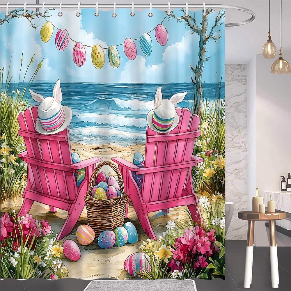 Easter Beach Ocean Shower Curtain Tropical Seaside Easter Eggs Pink Chair Bunny Hat Floral Bath Decor Polyester Fabric Curtains 90X70 Inch